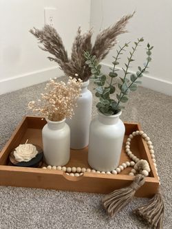 Modern Farmhouse Decor Set – White Ceramic Vases & Faux Greenery
