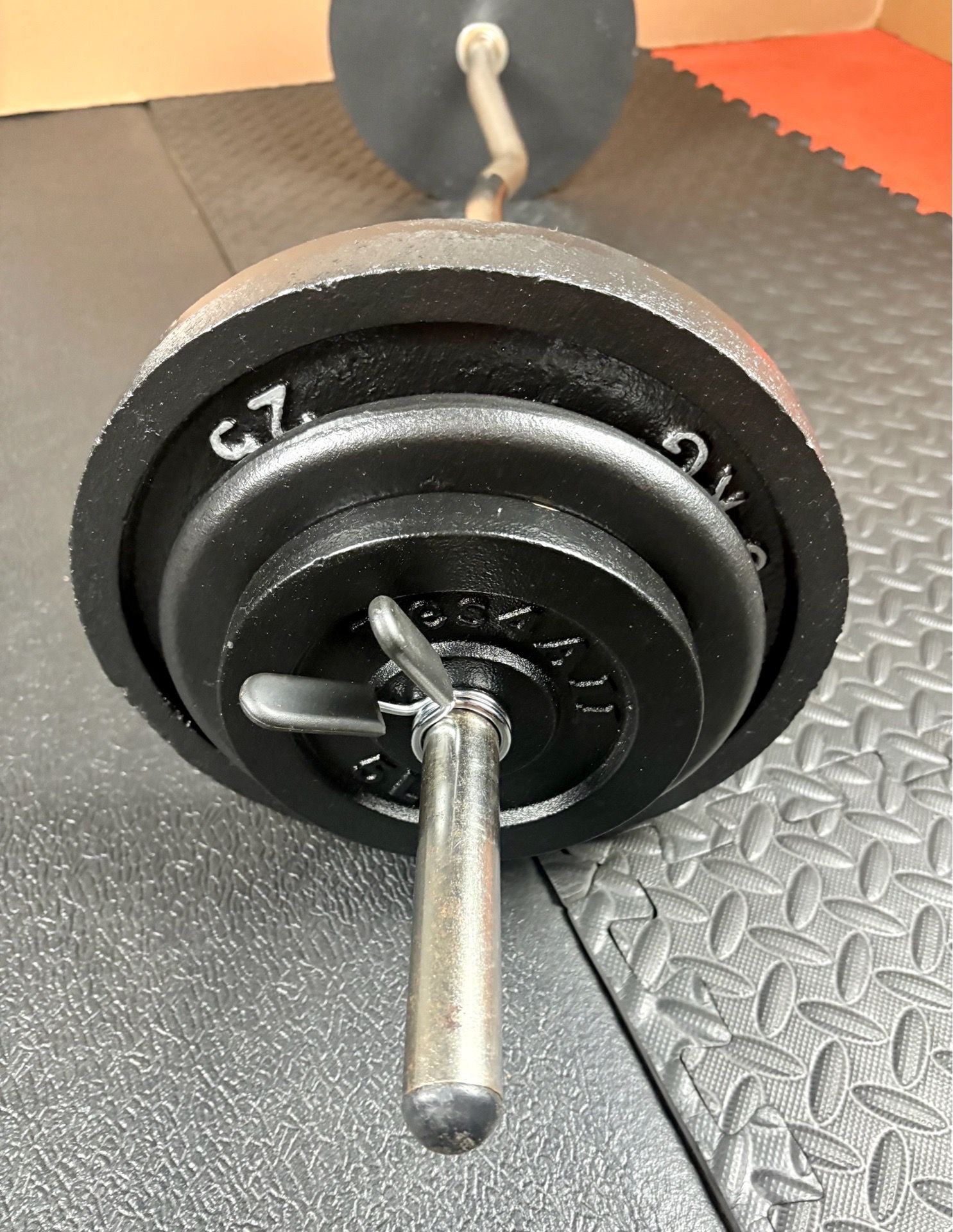 Standard Curl Bar W/Weight Plates: 25s, 10s and 5s pounders. 85# Brute W.