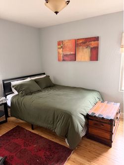 Queen Size Bed + Bed Frame and Antique Trunk