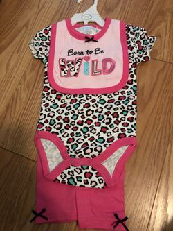 NWT 3 piece set bib onesie pants pink cheetah print born to be wild