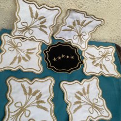 Embroidered White and Gold Linen Cocktail Napkins set of 7