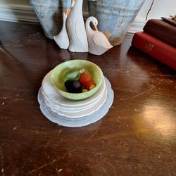 Butterpats, Jade Mini Bowl & 3 Glass Mini bottles with Corks & Frosted Mini Plate.