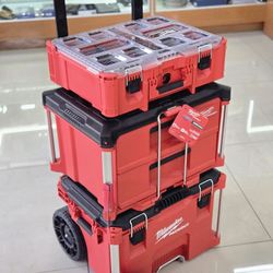 Brand New Milwaukee Set Pack Out Storage Boxes With Wheels And Holder