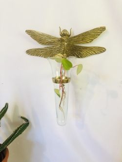 Brass Dragonfly  With Glass Vase Wall Decor 