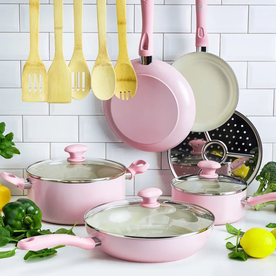 Diamond Healthy Ceramic Nonstick, Cookware Pots and Pans Set, 14 Piece, Pink  Ceramic Cookware Set