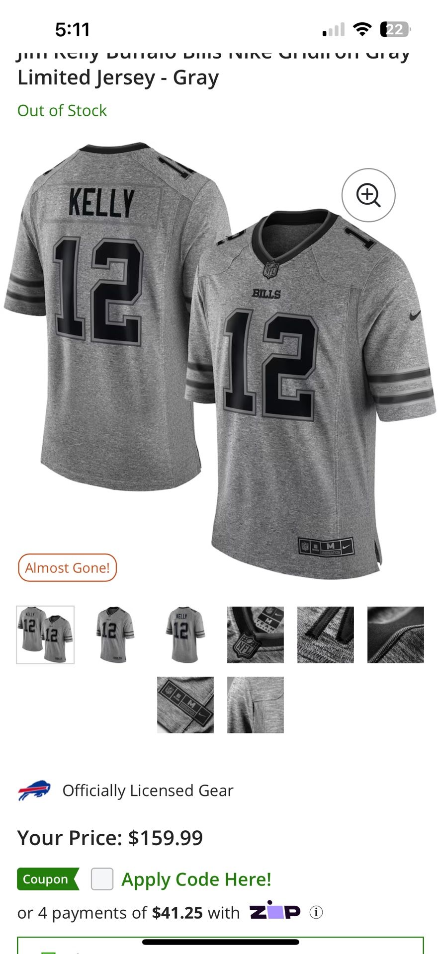 Jim Kelly Buffalo Bills Nike Gridiron Gray Limited Jersey - Gray