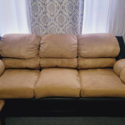 2 Light Brown Suede Couches With Black Vinyl
