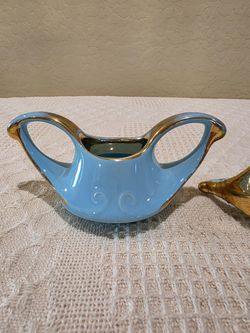 Vintage Pearl China Co Art Deco Aqua Turquoise Blue Gold Handle Porcelain Ceramic Sugar Bowl Dish