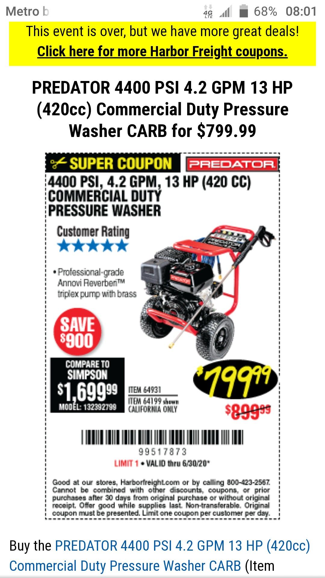 Harbor freight 4400 sale psi pressure washer