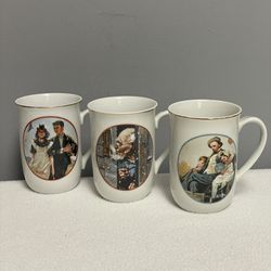 Norman Rockwell 3 Mugs, Man Pipe, Man Sleeping Children, Young Couple