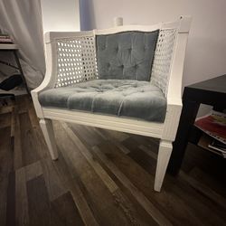 White Cane Barrel Chair With Tufted Blue Cushion