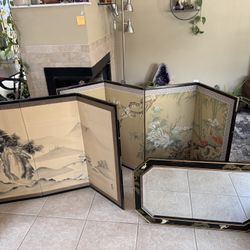 SET: Vintage Japanese Byōbu Folding Screens (2) and Mirror