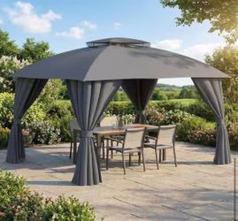 10 ft. x 12 ft. Gray Outdoor Patio Gazebo, Double Roof Canopy with Mosquito Netting and Privacy Screens