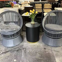 Brand new Merax [Set of 2 26.7" Modern Silver Grey Wicker Lounge Chair with PE Rattan and Black Side Table, Featuring a Stylish Round Design, Perfect 