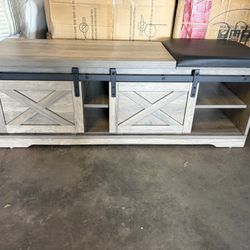 47" Wood Modern Farmhouse Shoe Bench with Sliding Doors,Foyer Bench with Adjustable Shelves and Cushion for Entryway, Front Door, Hallway, Living Room