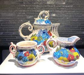 Gorgeous Anthropologie Ceramic Teapot, Creamer & Open Suger Set Decorative Blue Florals -3 piece set No chips or cracks