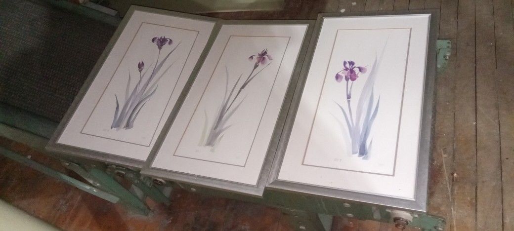 3 Piece Gray Metal Franed And Matted Floral Panel Art Deco Set