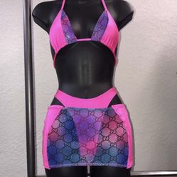 Custom Pink And Blue Mesh Sparkle 3 Piece String Bikini 