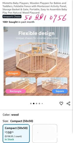 Miotetto Baby Playpen, Wooden Playpen for Babies and Toddlers, Foldable Fence with Montessori Activity Panel, Storage Basket & Gate, Portable, Easy to