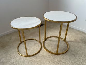 Set of 2 Gold Metal and White Marble Side Tables