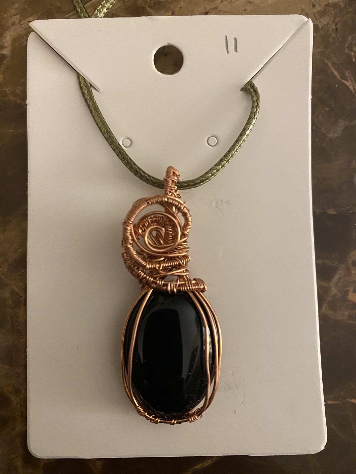 (11) Hand-Crafted Wire-Wrapped Pendant. Copper Wire/Black Cabochon.