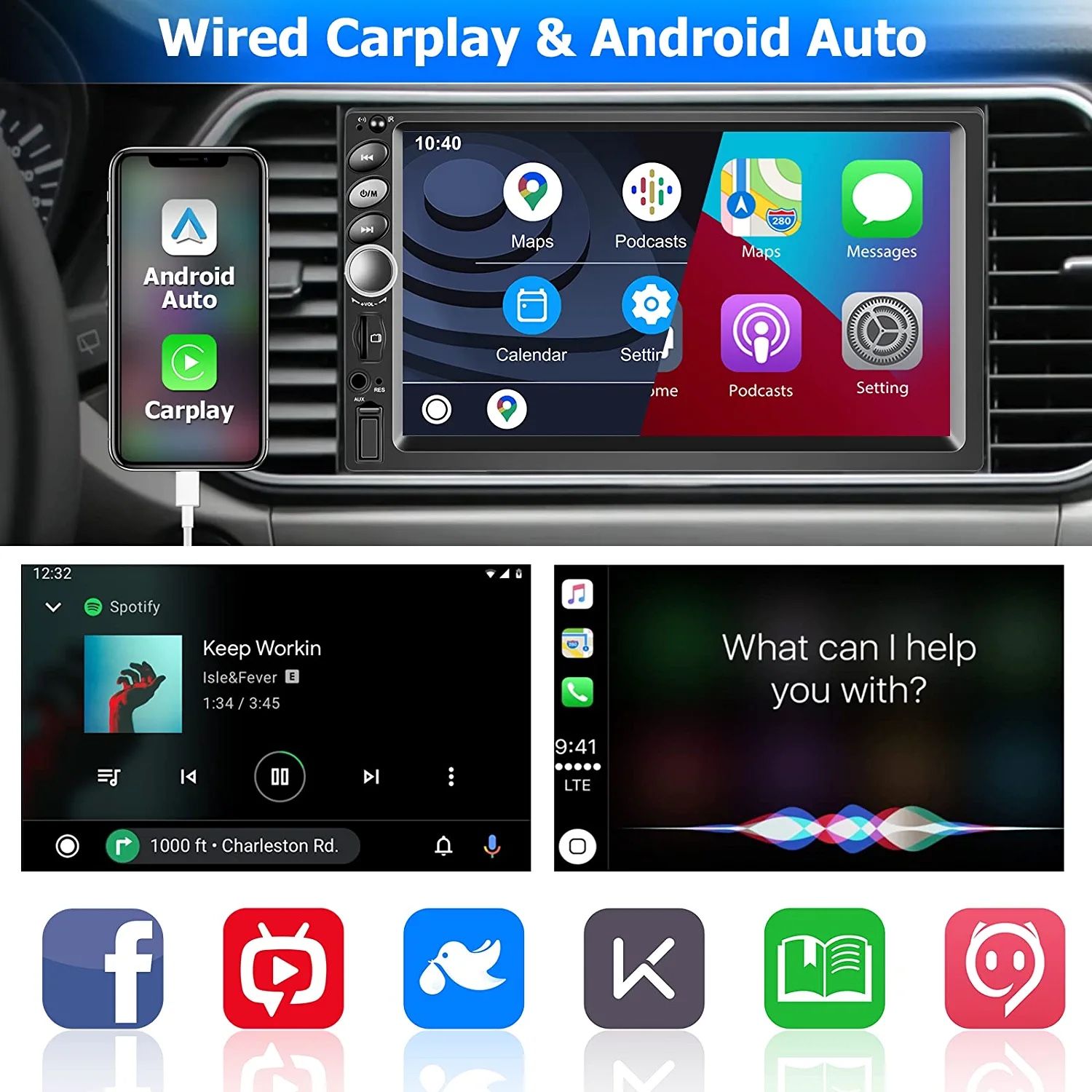 Double Din Car Stereo with CarPlay & Android Auto Bluetooth 5.1 , 7