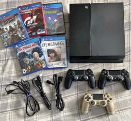 PS4, Used, Good Condition- includes console, 3 controllers, 5 games, and cables