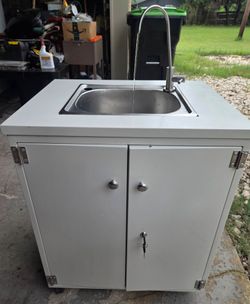Portable Sink in Metal Cabinet on Casters (cabinet comes with keys)