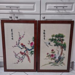 26" x 17" Two Asian Oriental Silk Art Embroidery BIRDS IN TREE FRAME Signed