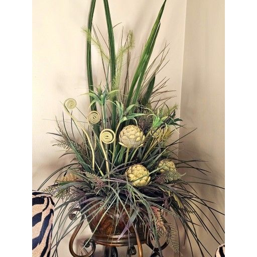 Large Professional Floral Arrangement In Metal Pot Artichoke Theme