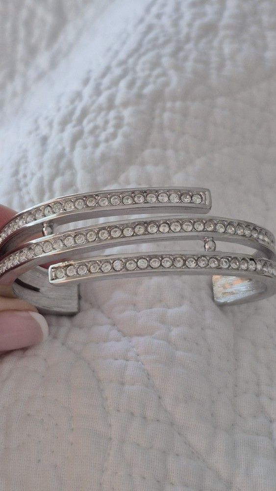 Vtg.Givenchy Contemporary Paved Rhinestones Silver Tone Cuff Bracelet