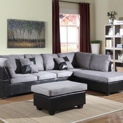 3 Piece Gray/Black Sectional and Ottoman (New In Box)