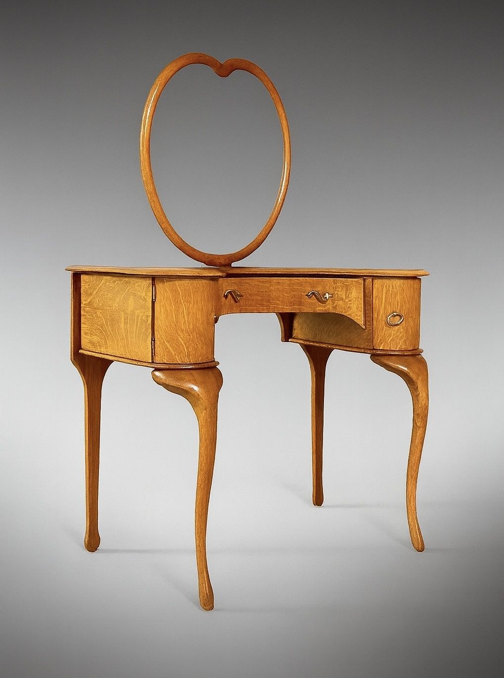 French Art Nouveau Style Tiger Oak Dressing Desk w/ Sculpted Cabriole Legs & Heart Mirror, c.1920's - Delivery Available