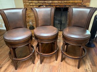Set of 3 Brown Leather Swivel Bar Stools