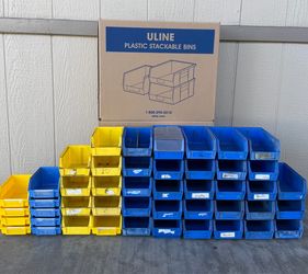 (46) Plastic Blue & Yellow Multi-Size Stackable Storage Bins