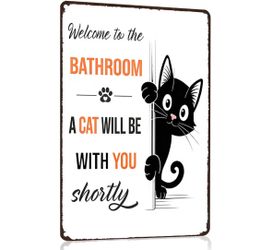 Divertido letrero decorativo de pared de baño de gato negro