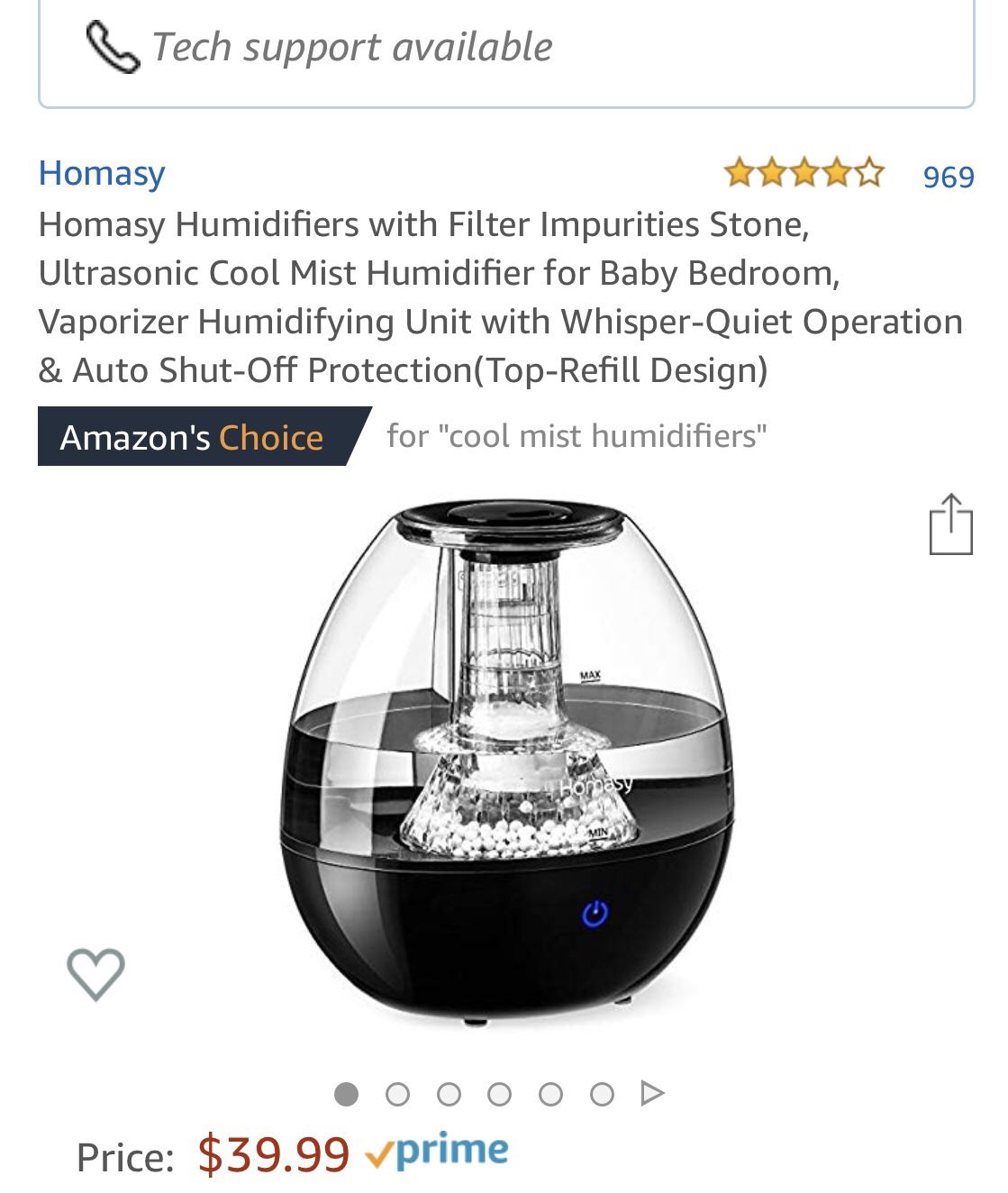 Humidifier w/Filter Impurities Stone-Ultrasonic Cool Mist Humidifier for Baby room, w/Quiet Operation & Auto Shut-Off Protection(Top-Refill Design)