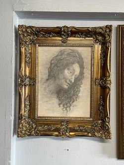 1970s Original Portrait Drawing Wide Gold Ornate Frame 