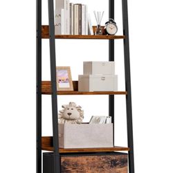 New Furologee 5-Tier Ladder Shelf, Ladder Bookshelf with Removable Drawer, Rustic Bookcase Storage Rack Organizer, Wood Metal Freestanding Storage She