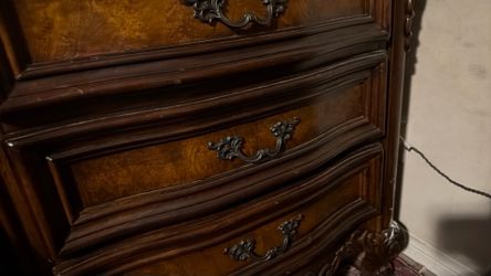 2 night stands, dresser with a mirror, tall boy and headboard
