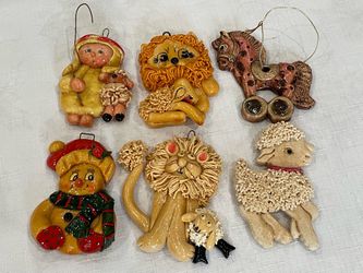 Set of 6 vintage handmade salt-dough Christmas ornaments. Roughly 3” each