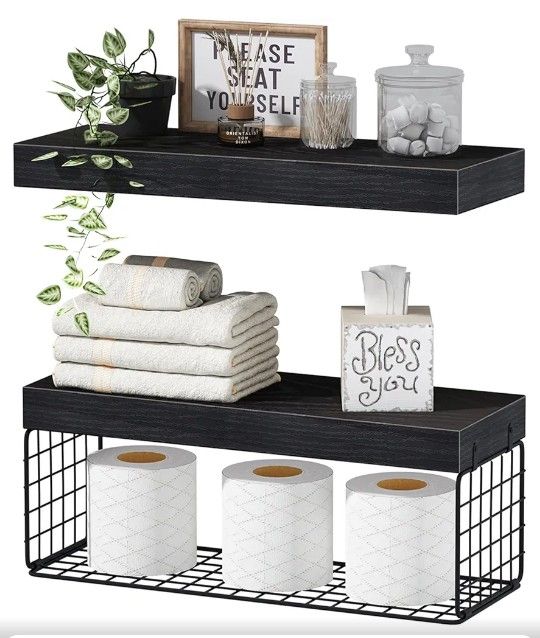 Small 16" Black Floating Shelves Over Toilet with Basket Storage, Set of 2