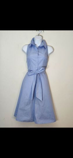 Ann Taylor Factory Sleeveless Pinstripe Midi Shirtdress with Belt Size: 8 Color: Light Blue/White