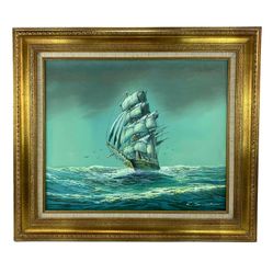 Framed Original Oil Painting of a Three-Masted Sailing Ship on Canvas by K. Samuel