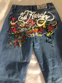 Ed Hardy Koi  Fish Painted. Vintage Straight Leg Jeans.