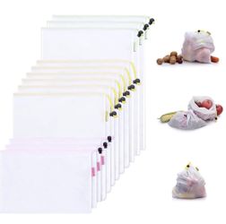 Reusable Mesh Produce Bags Premium Lightweight washable Durable bags with Tare Weight on Tags Set of 12 With 3 Different Sizes