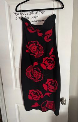 Black Knit Mini Dress with Red Rose Print