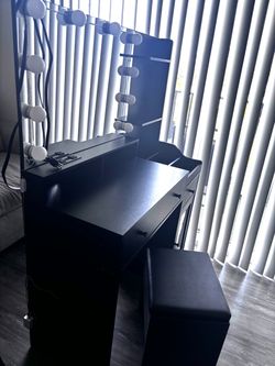 Black Hollywood Vanity Makeup Desk with Lighted Mirror & Stool