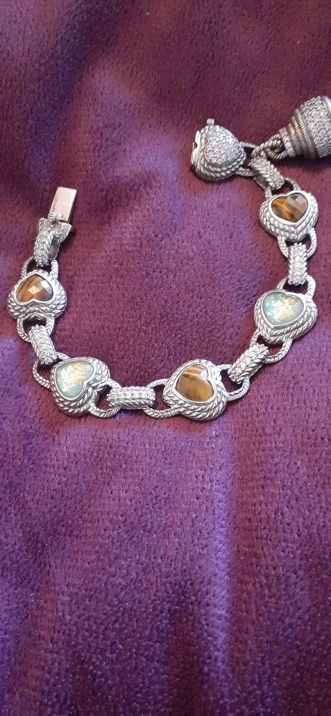 JUDITH RIPKA TURQUOISE AND TIGER EYE HEAVY STERLING SILVER BRACLET