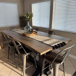 Large Farm Table with 6 Metal Stools 